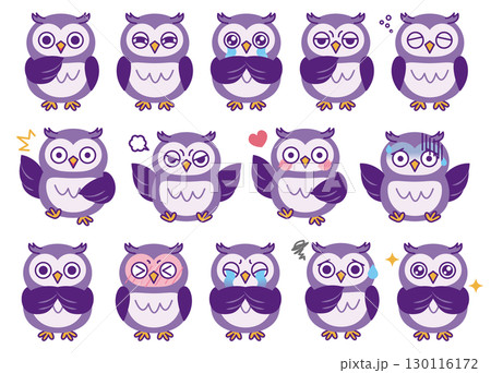 ミミズクのいろんな表情のイラストセット02(パープル) ミミズクのいろんな表情のイラストセット02(パープル) 130116172