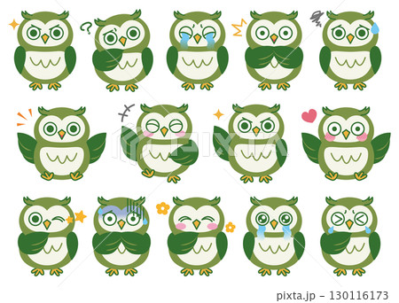ミミズクのいろんな表情のイラストセット03（グリーン） 130116173