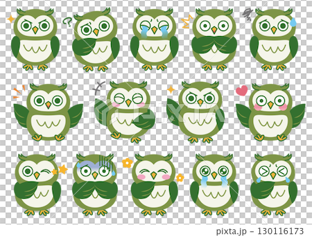 ミミズクのいろんな表情のイラストセット03（グリーン） 130116173