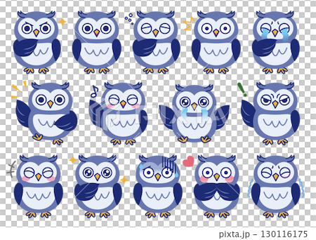 貓頭鷹各種臉部表情插圖集05（藍色） 130116175