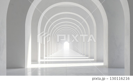Architectural perspective of an ancient stone cloister with arches and columns, bathed in light Architectural perspective of an ancient stone cloister with arches and columns, bathed in light 130116216