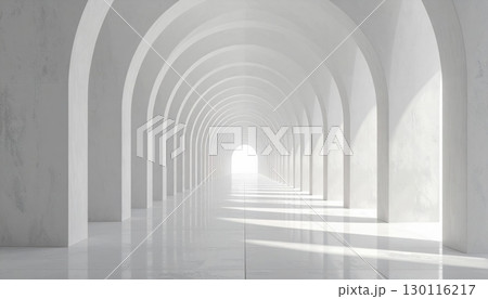 Architectural perspective of an ancient stone cloister with arches and columns, bathed in light Architectural perspective of an ancient stone cloister with arches and columns, bathed in light 130116217
