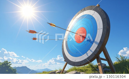Archery target with an arrow hitting the bullseye, a symbol of successful business goals and aspirations 130116304