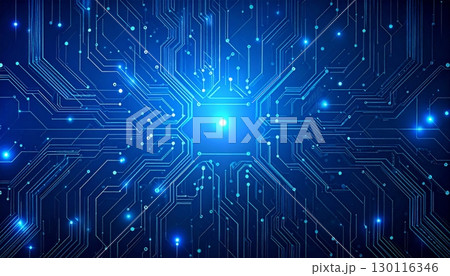 An integrated circuit board pattern with blue lines, a technological and digital background, representing the core of modern electronics 130116346