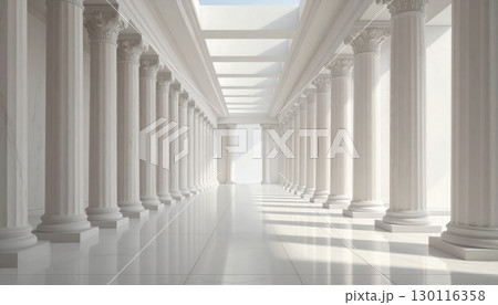 A classical Roman colonnade of marble columns lines a corridor in a city, a structure of ancient design A classical Roman colonnade of marble columns lines a corridor in a city, a structure of ancient design 130116358