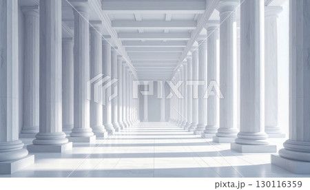 A classical Roman colonnade of marble columns lines a corridor in a city, a structure of ancient design 130116359