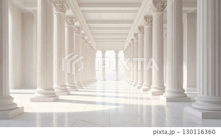 A classical Roman colonnade of marble columns lines a corridor in a city, a structure of ancient design A classical Roman colonnade of marble columns lines a corridor in a city, a structure of ancient design 130116360