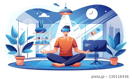 A technology-enabled meditation studio concept incorporating virtual reality meditation experiences, guided meditation apps, and biofeedback technology, providing clients with convenient access to me 130116436