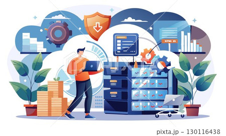 A technology-driven cloud storage service concept leveraging cutting-edge technology, including advanced encryption, data deduplication, and AI-powered data management tools, creating a highly effici 130116438