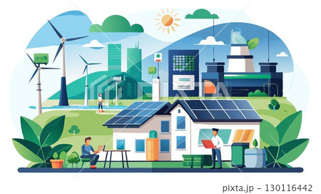 A technology-driven green energy installation business concept leveraging innovative technology, including advanced monitoring systems, energy storage solutions, and smart home integration, maximizin 130116442