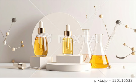 Glass bottles of golden olive oil and amber vinegar, isolated on a white background, evoke a sense of healthy cooking and luxury aromatherapy 130116532