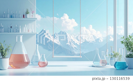 Laboratory glassware with chemicals sailing on a blue sea 130116539
