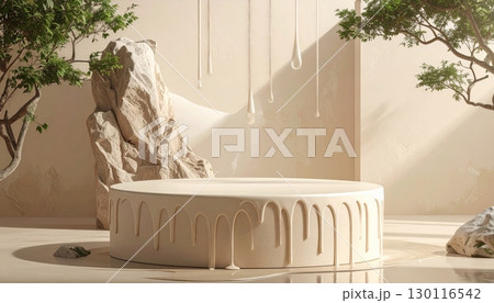 A close-up of a vintage wooden table with blank pages and a textured brown curtain 130116542