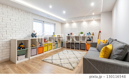 A stylish and modern living room features a colorful couch and unique furniture A stylish and modern living room features a colorful couch and unique furniture 130116548