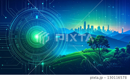 Global business communication network connects continents, with a light blue digital sphere and globe illustration 130116578