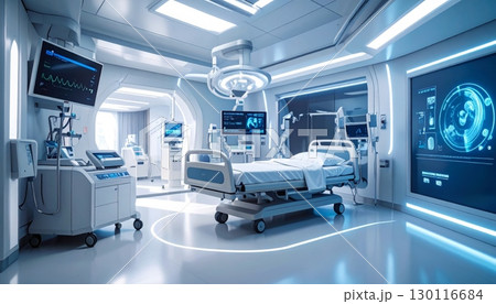 Clean and empty hospital room interior with a modern X-ray machine and a medical chair, ready for healthcare examinations 130116684