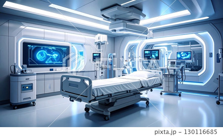 Clean and empty hospital room interior with a modern X-ray machine and a medical chair, ready for healthcare examinations Clean and empty hospital room interior with a modern X-ray machine and a medical chair, ready for healthcare examinations 130116685