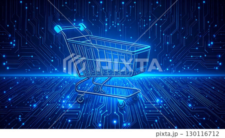 A vibrant blue shopping cart on a black background, perfect for e-commerce and retail concepts 130116712