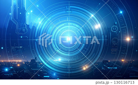 Futuristic digital blue light circles glow on an abstract technology backdrop illustrating a global communication concept 130116713
