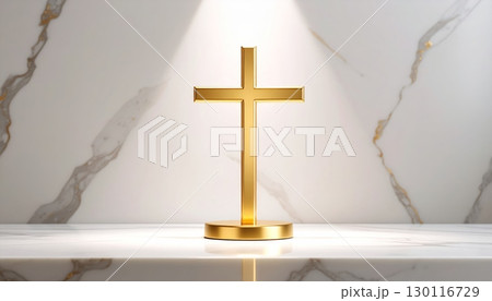 A golden crucifix against a heavenly blue sky symbolizes hope, faith, and spirituality 130116729