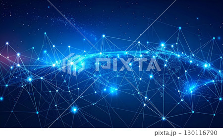 Shiny, glowing stars illuminate a magical, blue abstract background for a winter holiday illustration 130116790