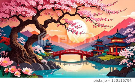 Morning sky over an old Chinese temple decorated for the holidays 130116794