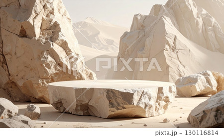 Ancient ice caves carved from mountain rock and stone with a winter landscape 130116814