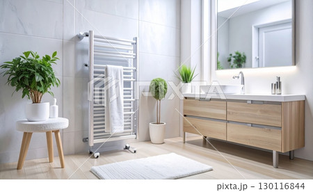 Modern home interior with white bathroom furniture and wooden floor Modern home interior with white bathroom furniture and wooden floor 130116844