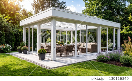 A new luxury gazebo is constructed on a front lawn of a suburban family residence 130116849