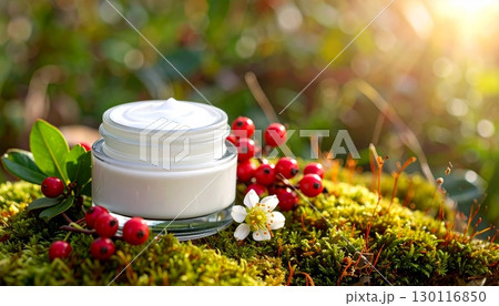 Natural skincare lotion with flower petals and a glass bottle for beauty and health 130116850