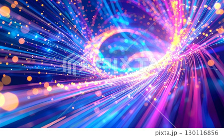 Colorful and bright abstract fractal pattern with glowing light lines in motion, perfect for a futuristic technology wallpaper 130116856