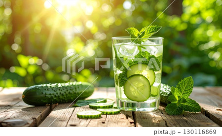 Fresh and healthy organic green cucumbers on a rustic wooden table 130116869