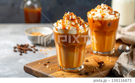 Iced beverages, including cola, beer with ice cream, and iced coffee, are perfect cold drinks 130116873