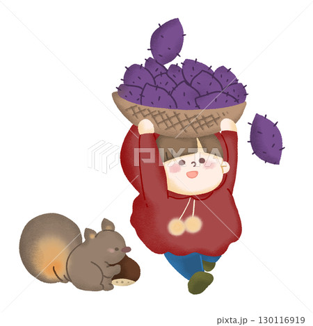 たくさん収穫したさつまいもを大きなカゴに入れて掲げて森の中を走っている子どものイラスト たくさん収穫したさつまいもを大きなカゴに入れて掲げて森の中を走っている子どものイラスト 130116919