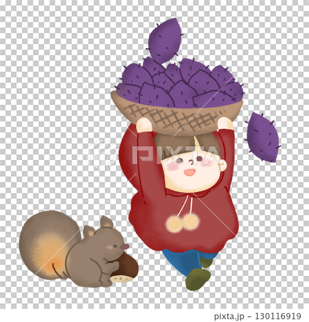 たくさん収穫したさつまいもを大きなカゴに入れて掲げて森の中を走っている子どものイラスト たくさん収穫したさつまいもを大きなカゴに入れて掲げて森の中を走っている子どものイラスト 130116919