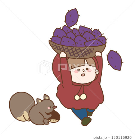 たくさん収穫したさつまいもを大きなカゴに入れて掲げて森の中を走っている子どものイラスト 130116920
