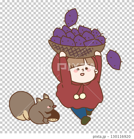 たくさん収穫したさつまいもを大きなカゴに入れて掲げて森の中を走っている子どものイラスト 130116920