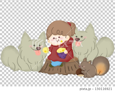 切り株に座って森の動物たちと一緒に焼き芋を食べている子どものイラスト 130116921