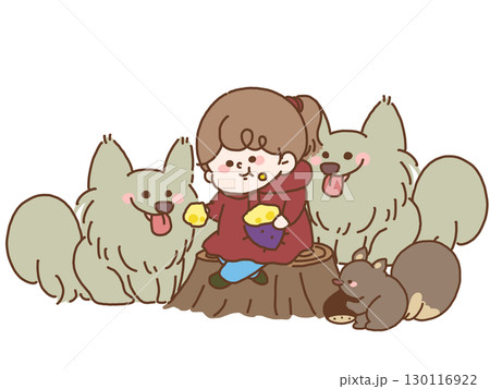 切り株に座って森の動物たちと一緒に焼き芋を食べている子どものイラスト 130116922