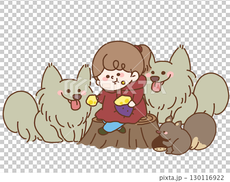 切り株に座って森の動物たちと一緒に焼き芋を食べている子どものイラスト 130116922