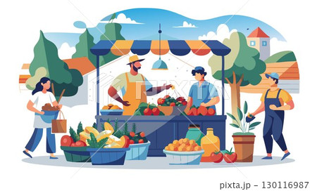 From overflowing baskets of colorful fruits and vegetables to the cheerful smiles of the vendors, a bustling farmer's market captures the essence of community, commerce, and the bounty of the harvest 130116987