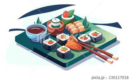 Small bowls of vibrant dipping sauces add pops of color and flavor to a delectable plate of sushi, its assorted rolls artfully arranged to showcase a variety of textures and tastes, creating a visual 130117016