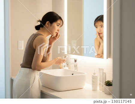 洗面所でスキンケアをする女性 130117145