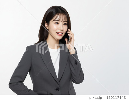 スマホで電話をしているスーツ姿の女性 130117148