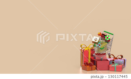 The Shopping Cart and Gift box for Holiday promotion concept 3d Rendering. 130117445