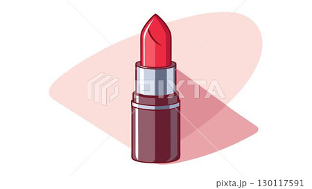 A lipstick tube with a glossy red hue is presented against a soft, pale pink backdrop, giving an impression of elegance and 130117591