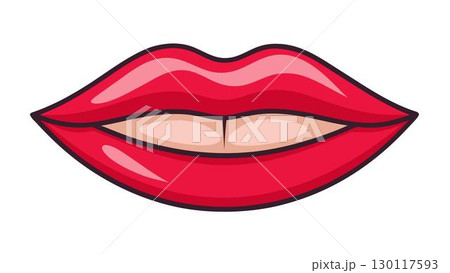 The image shows a pair of cartoon lips, full and painted in vibrant shades of red and pink, outlined with a dark brown line that gives them a defined and stylized 130117593