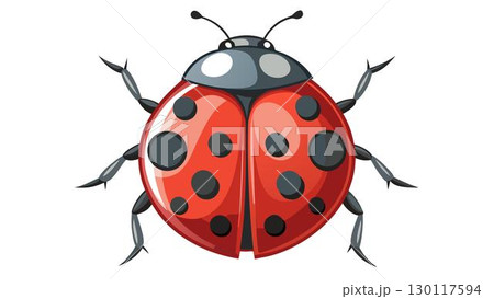 The image displays a stylized, cartoon-like ladybug with a red shell adorned with black spots, a dark grey head, and six legs, set against a plain white 130117594