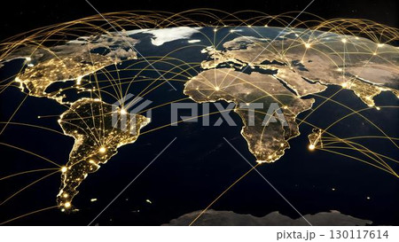 This image showcases a world map at night, illuminated by city lights, crisscrossed with golden lines that suggest a network connecting various global 130117614