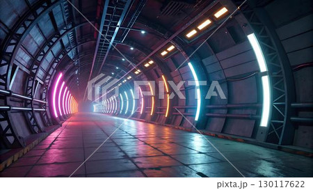 The image shows a futuristic tunnel with neon lights. The structure is made of metallic materials and the lights are pink, orange, and The image shows a futuristic tunnel with neon lights. The structure is made of metallic materials and the lights are pink, orange, and 130117622